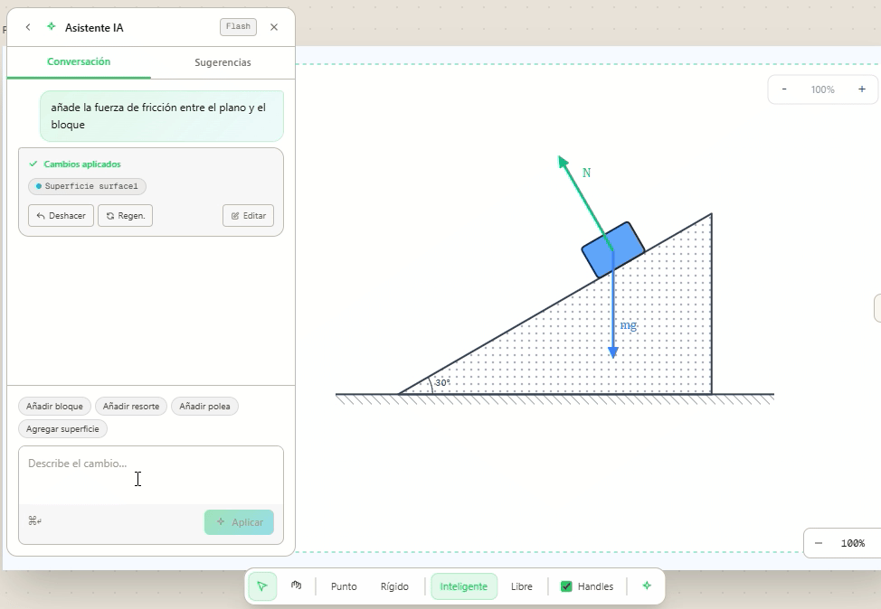 Grabación de QuickFigen: en el panel lateral del asistente se escribe el prompt 'añadir fricción'; en el canvas, aparece el vector de fricción sobre el diagrama sin alterar los demás elementos previamente colocados.
